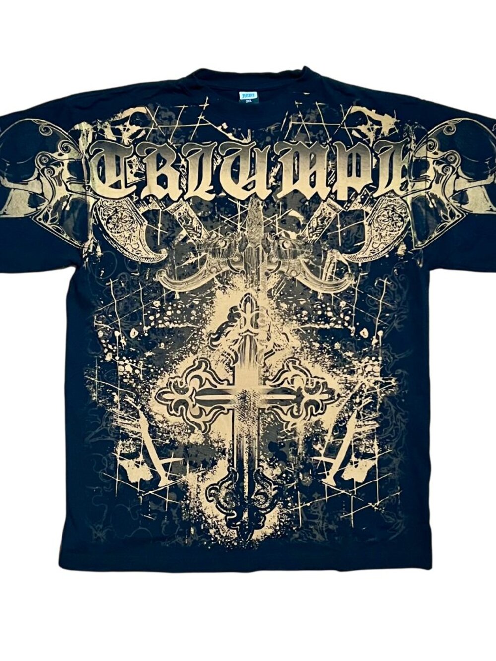 Justified Y2K Style Gothic Cross Guns Biker AOP Graphic T-Shirt, Men's 2XL